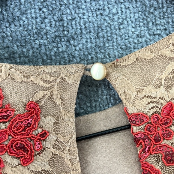 Dress The Population 3/4 Long Sleeve Above Knee Mini Dress Tan Red Lace Womens M - Picture 9 of 12